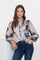 Geisha dames grijze blouse met aquarel bloemenprint en glanzende finish