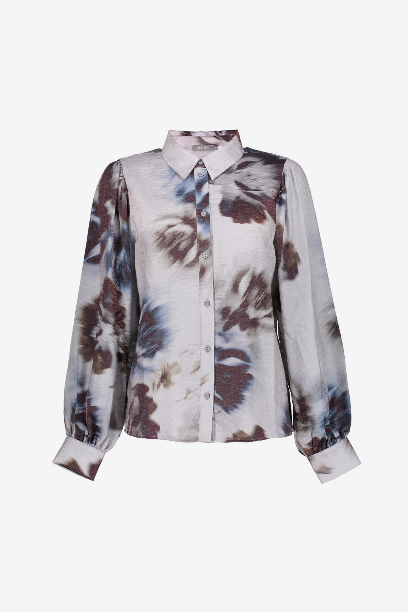 Geisha dames grijze blouse met aquarel bloemenprint en glanzende finish