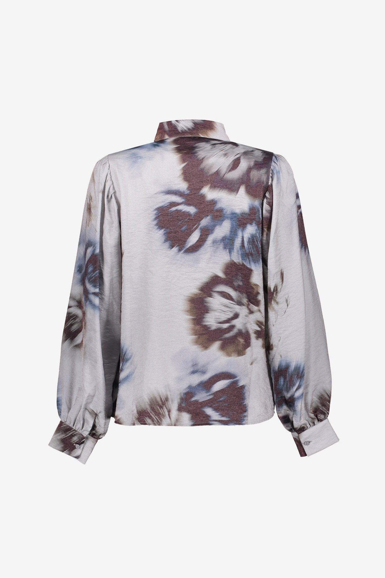 Geisha dames grijze blouse met aquarel bloemenprint en glanzende finish