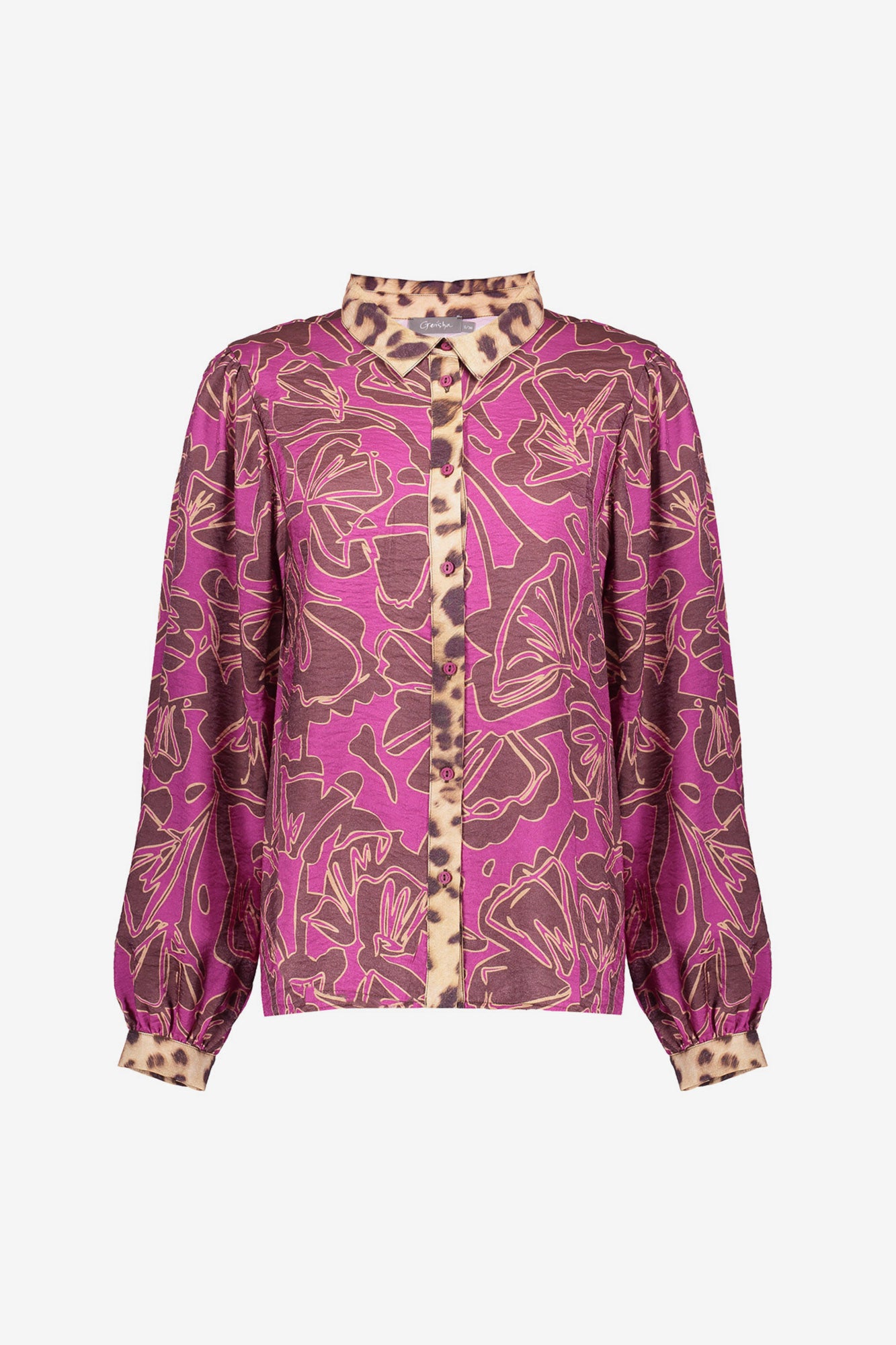 Geisha dames blouse met fuchsia statement print en luipaarddetails