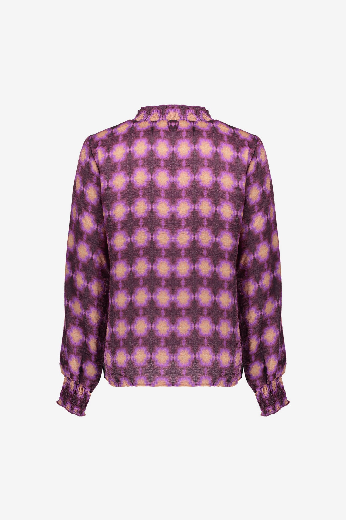 Geisha dames paarse top met grafische all-over print en hoge smockkraag