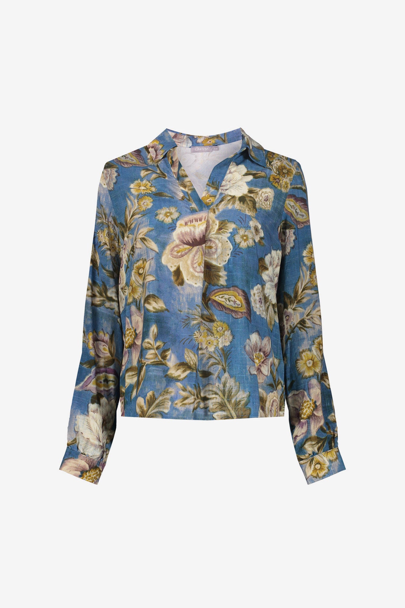 Geisha dames blouse met bloemendessin in blauwe tinten