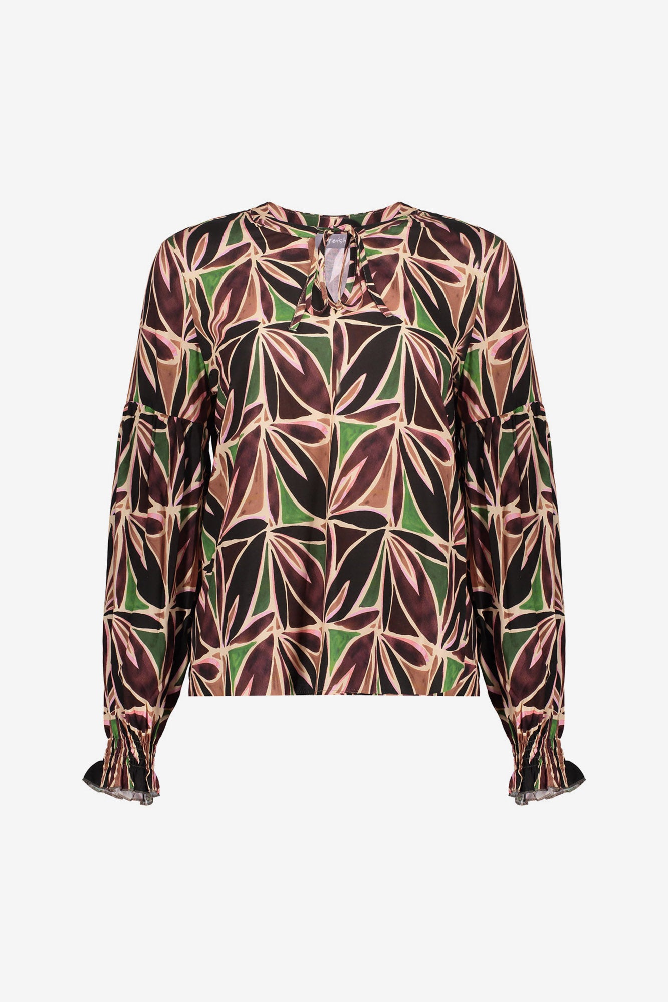 Geisha dames top met abstracte bladprint en V-hals