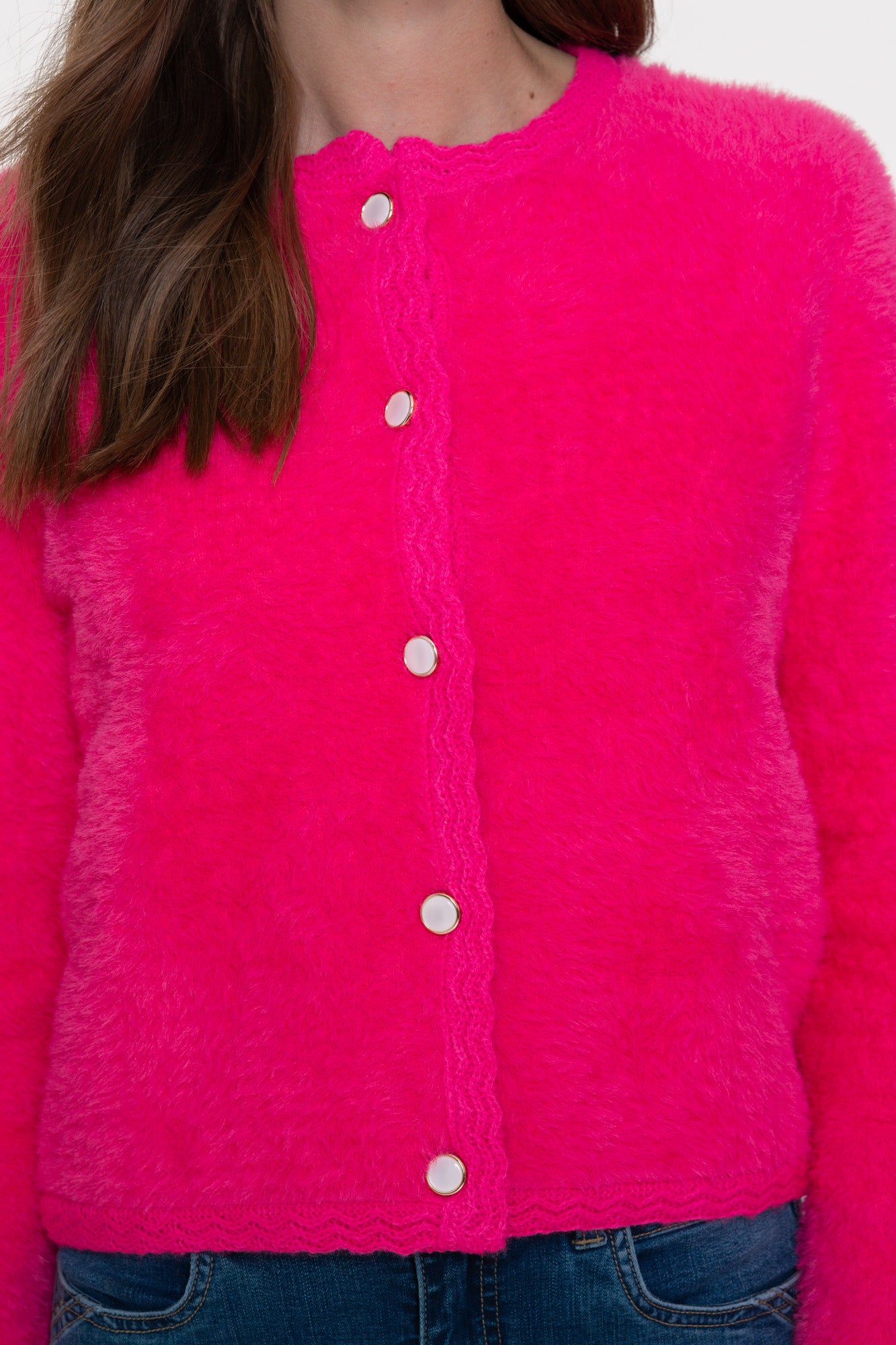 Geisha dames fluffy vest met gehaakte details