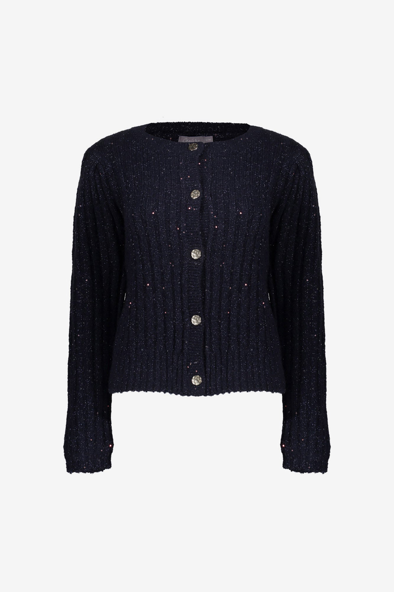 Geisha dames gebreid navy vest met gouden knoopsluiting en glitterdetail