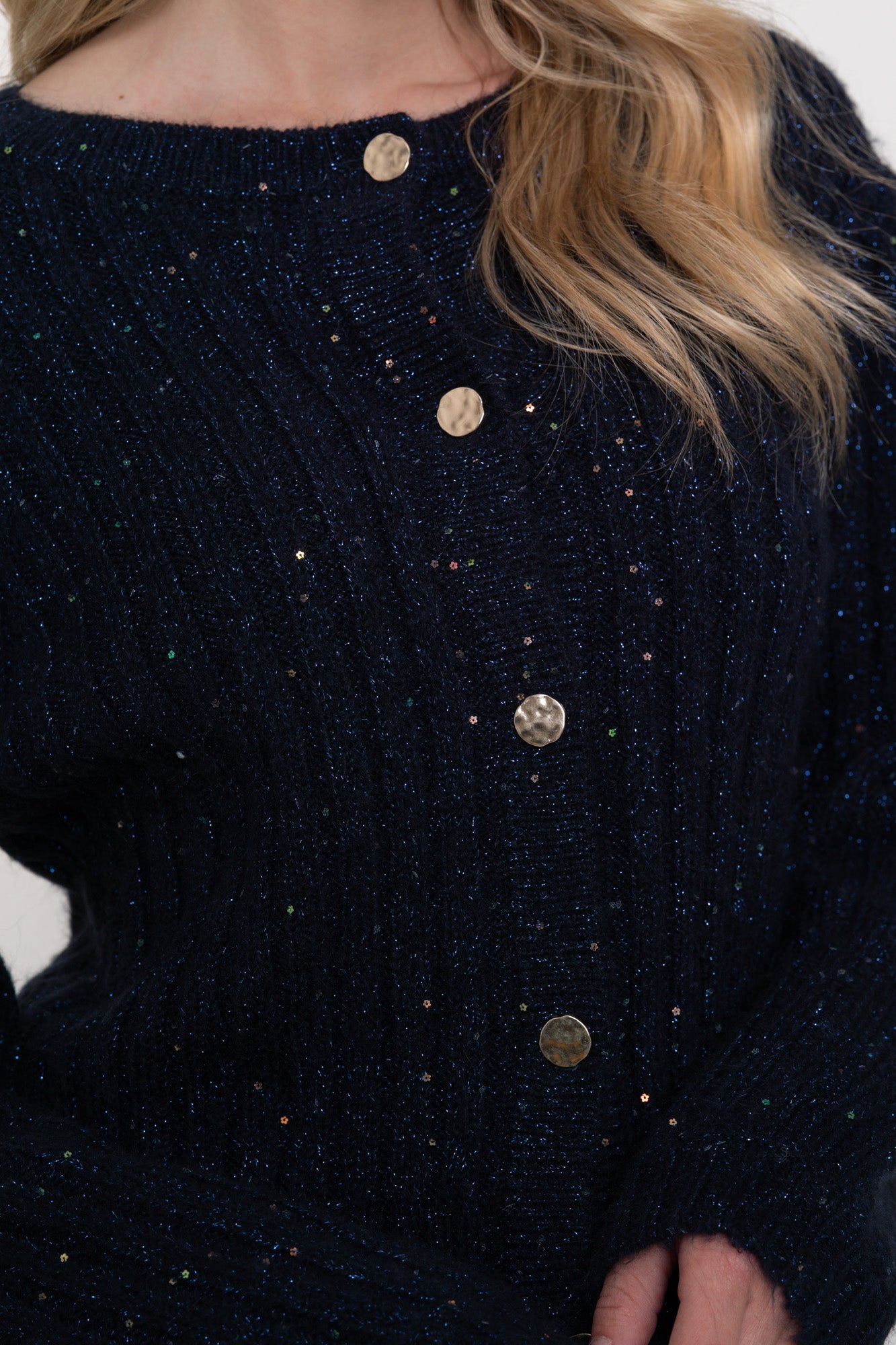 Geisha dames gebreid navy vest met gouden knoopsluiting en glitterdetail