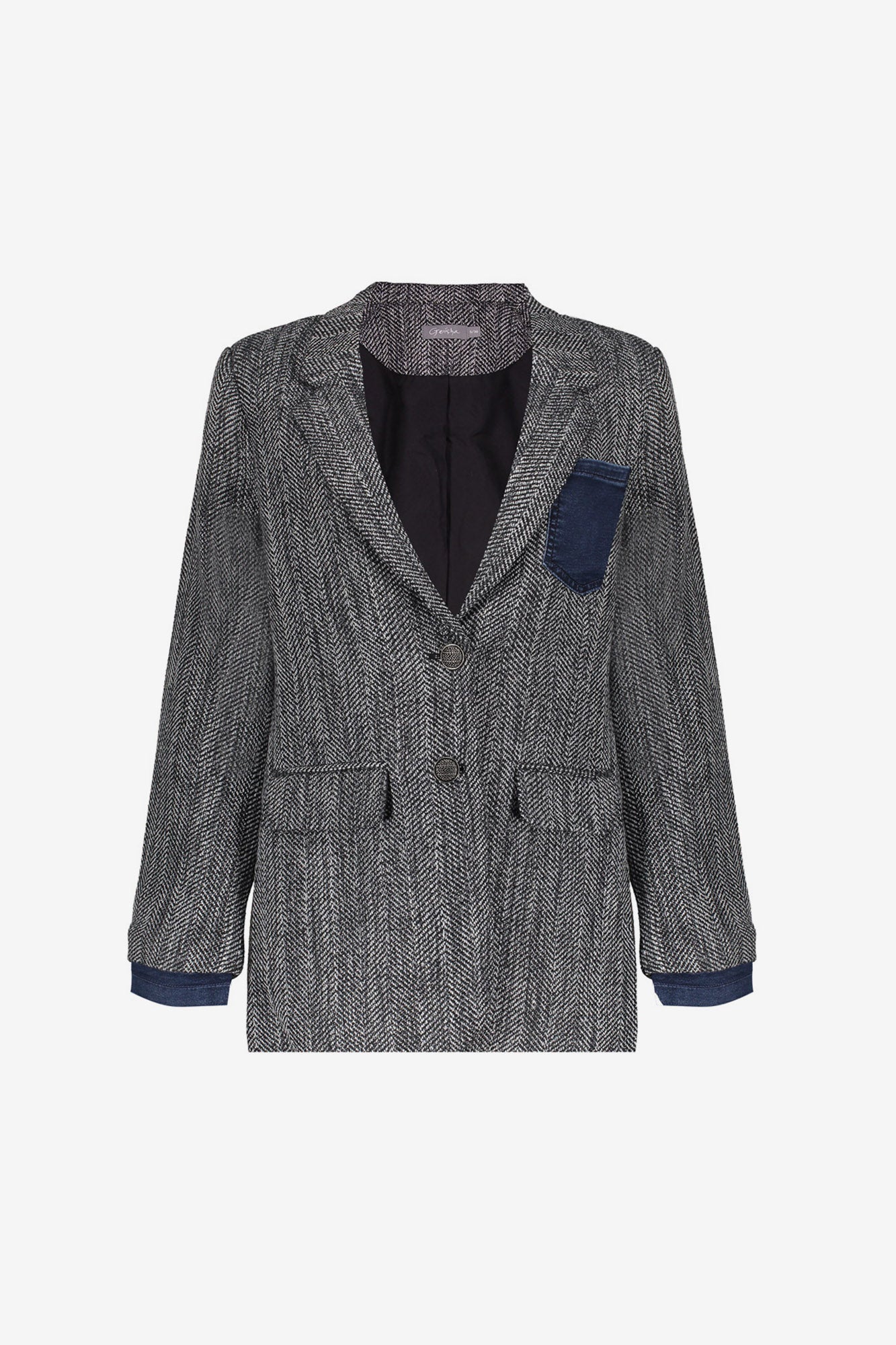 Geisha dames lange blazer met visgraatprint en denim accenten