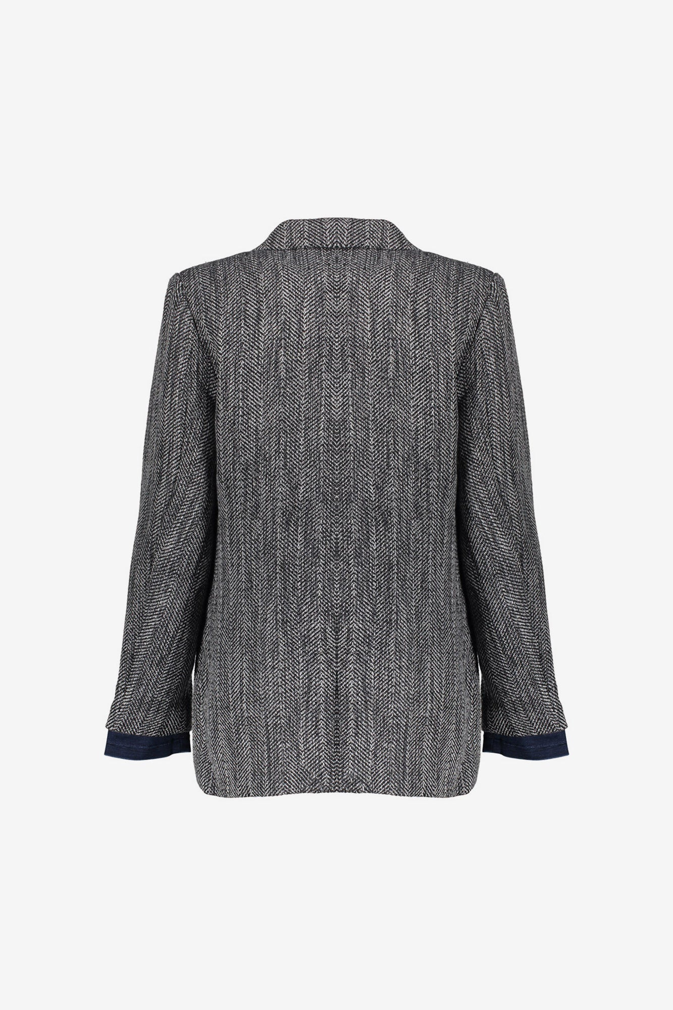 Geisha dames lange blazer met visgraatprint en denim accenten