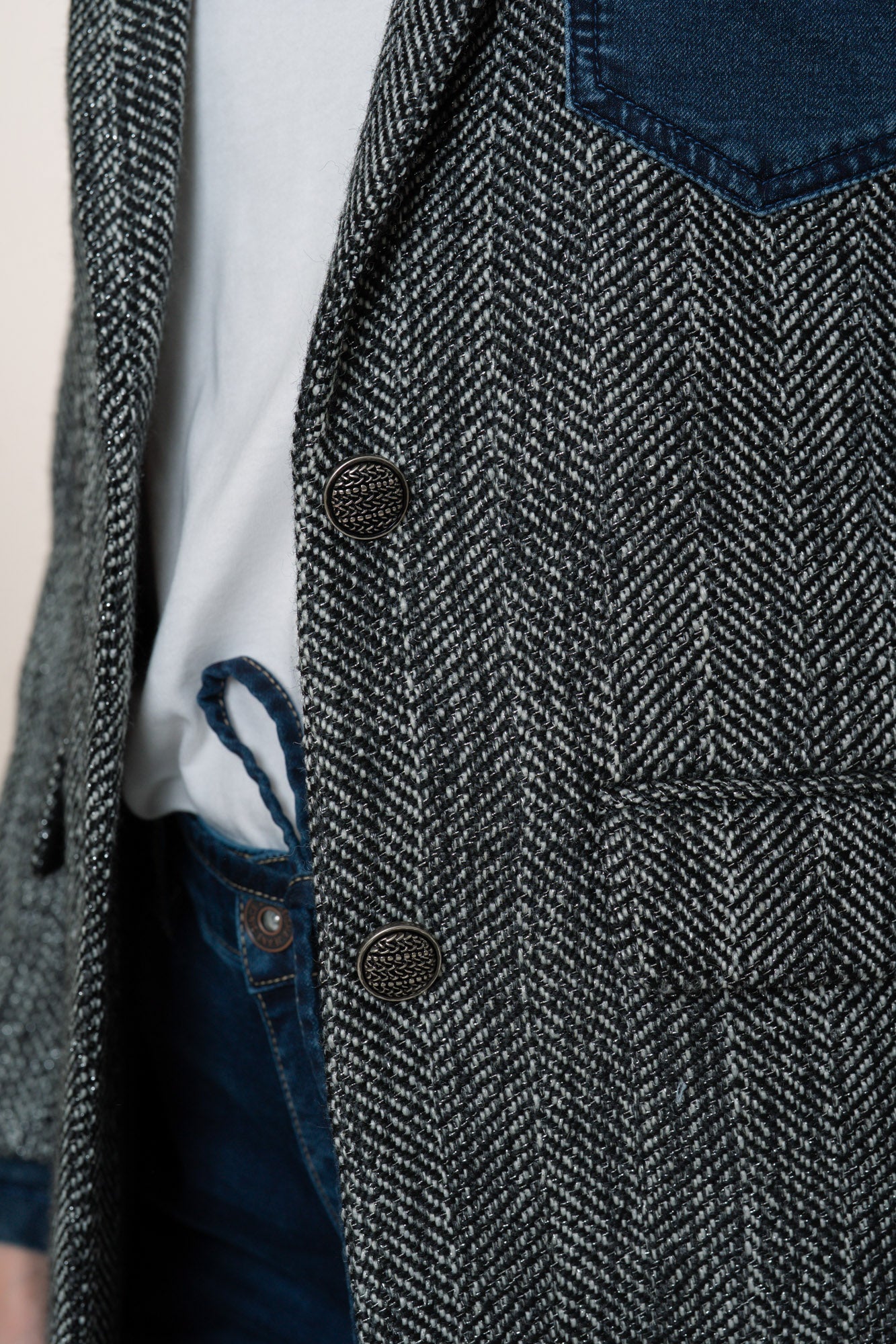 Geisha dames lange blazer met visgraatprint en denim accenten