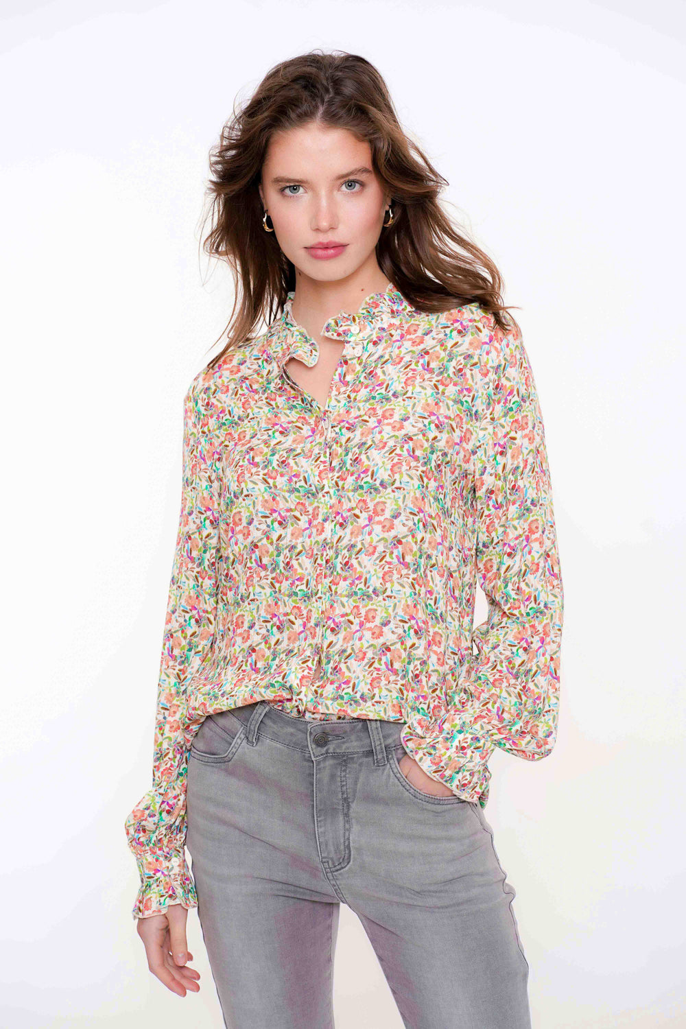 Geisha Fashion dames blouse met bloemenprint en ruches