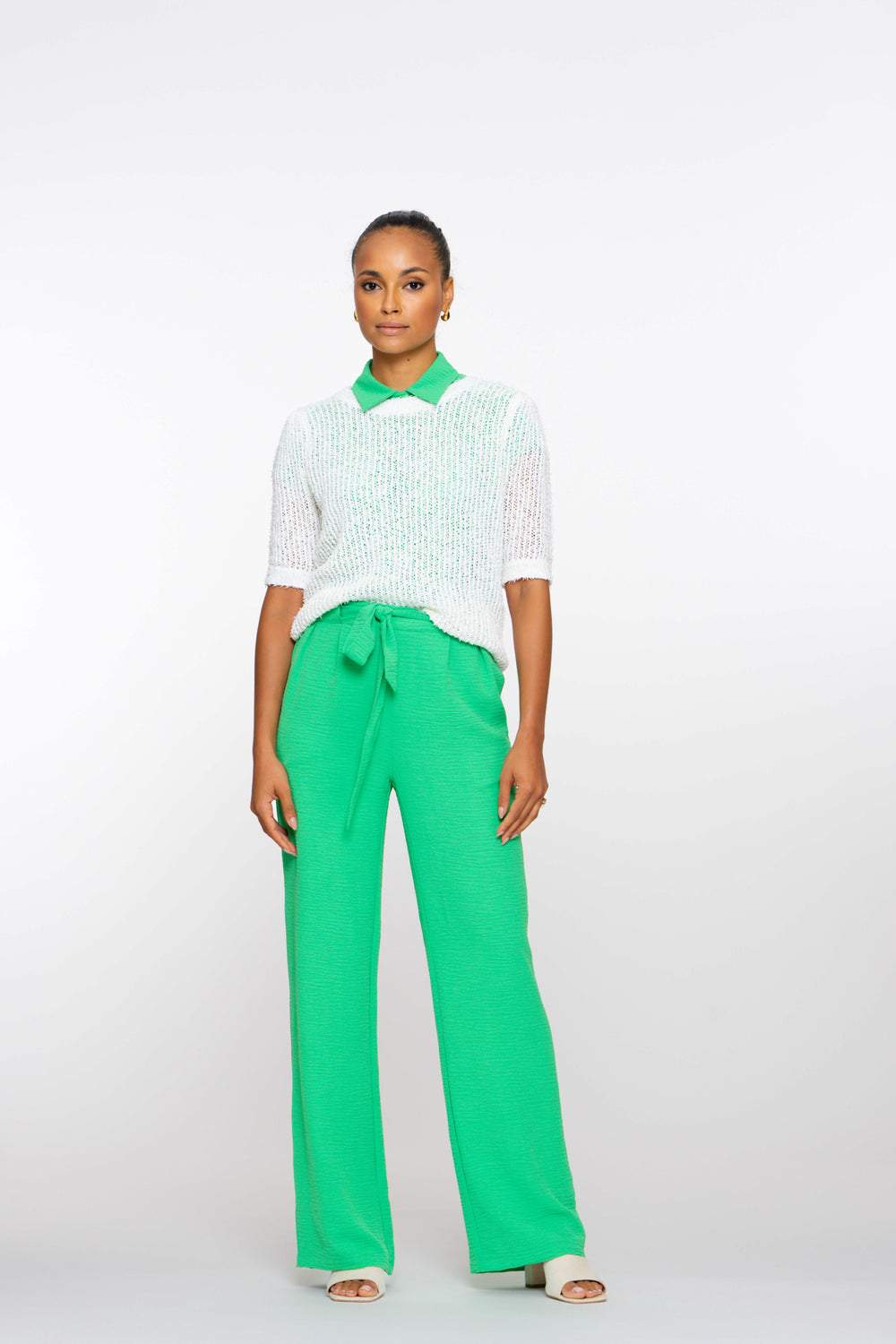 Geisha Fashion dames crinkle broek met stoffen ceintuur