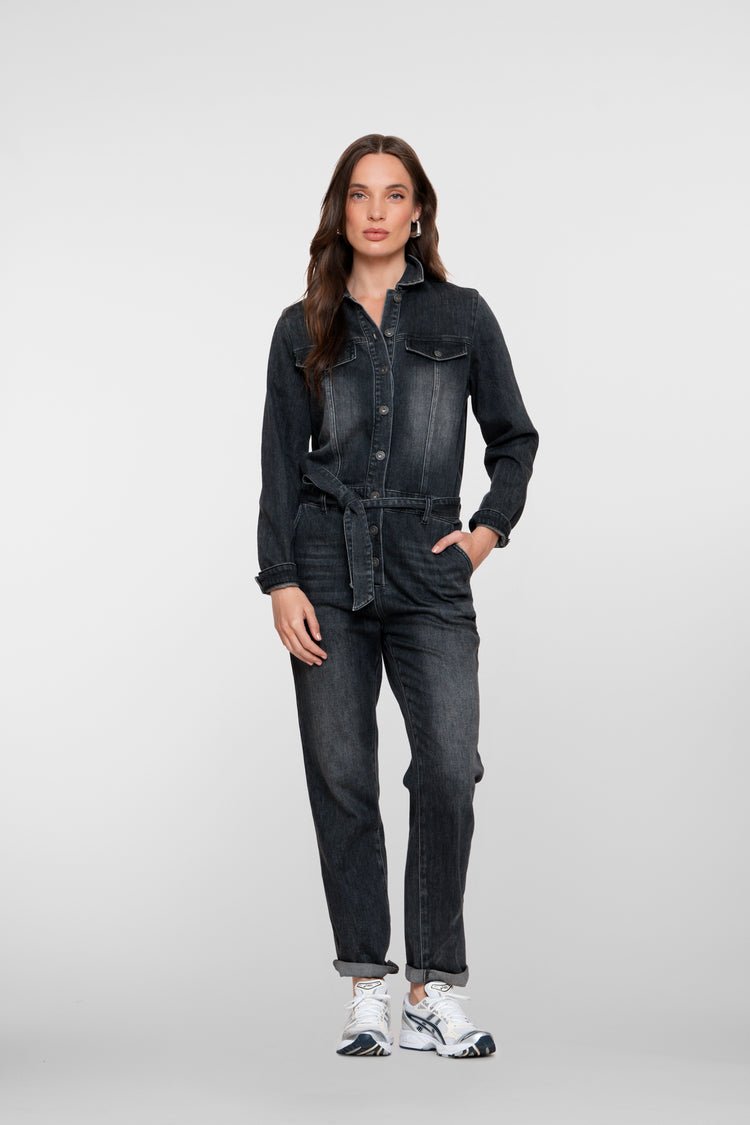 Geisha dames grijze denim jumpsuit met ceintuur
