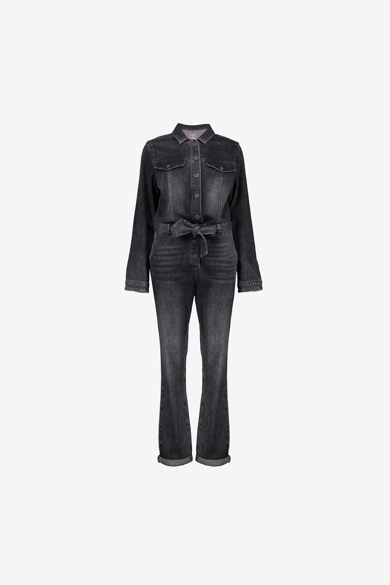 Geisha dames grijze denim jumpsuit met ceintuur