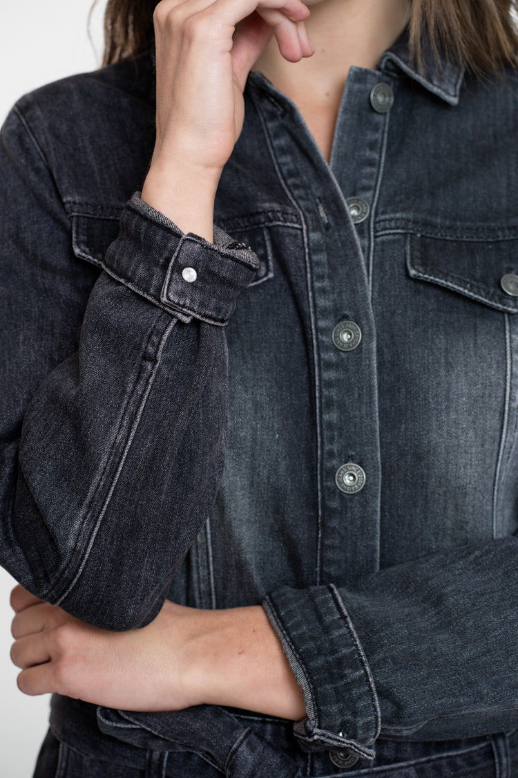 Geisha dames grijze denim jumpsuit met ceintuur