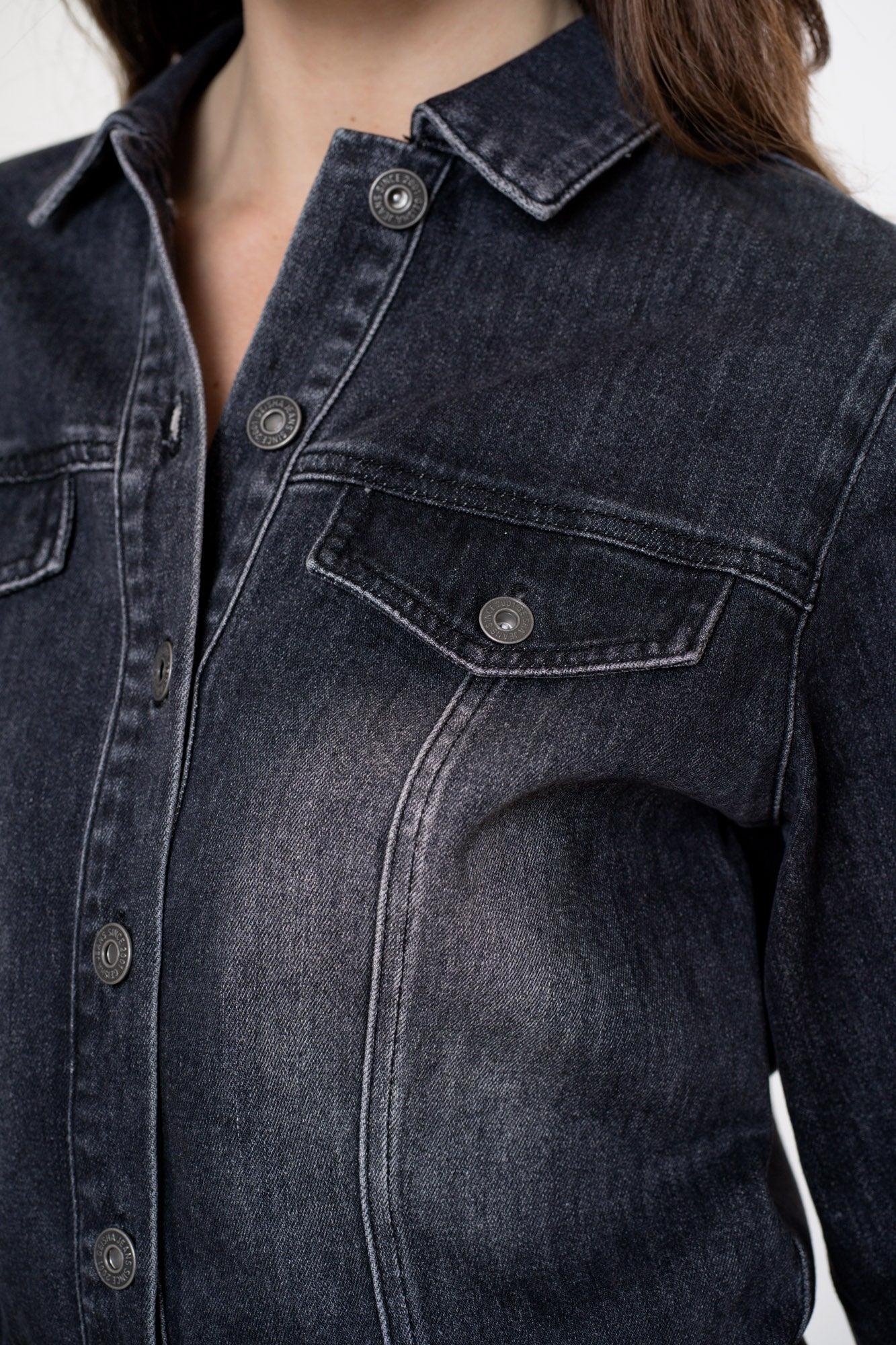 Geisha dames grijze denim jumpsuit met ceintuur