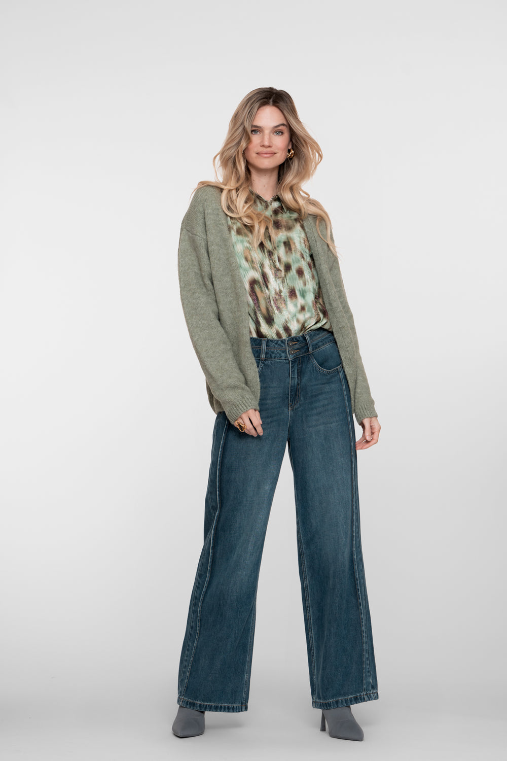 Geisha dames flare jeans met dubbele knoop