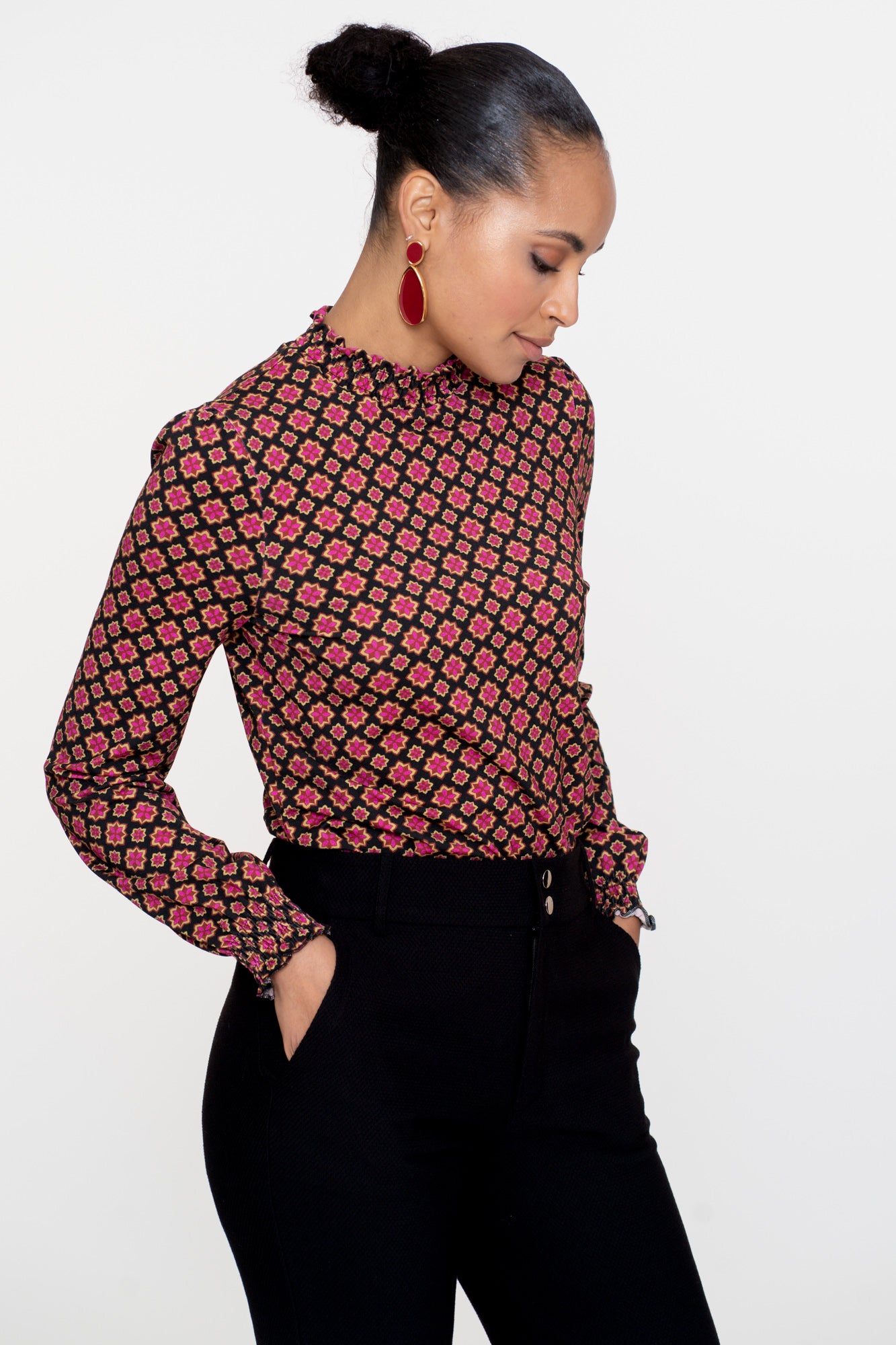 Geisha dames top met retro sterrenmotief
