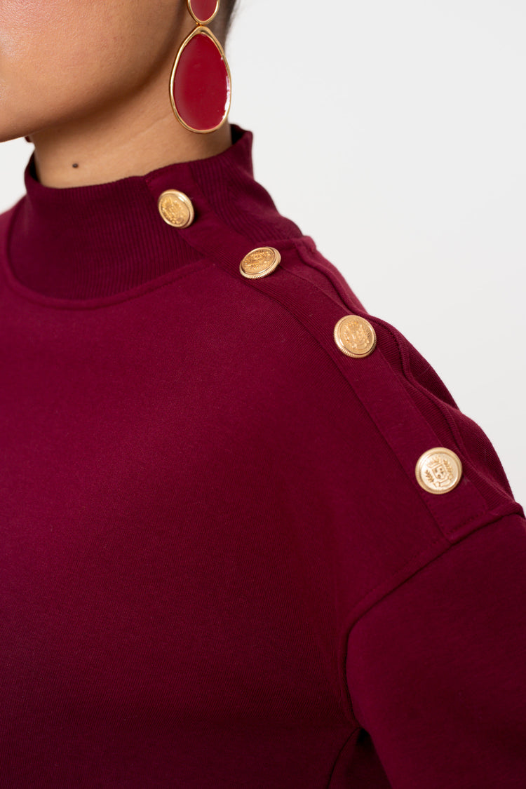 Geisha dames burgundy trui met gouden buttons