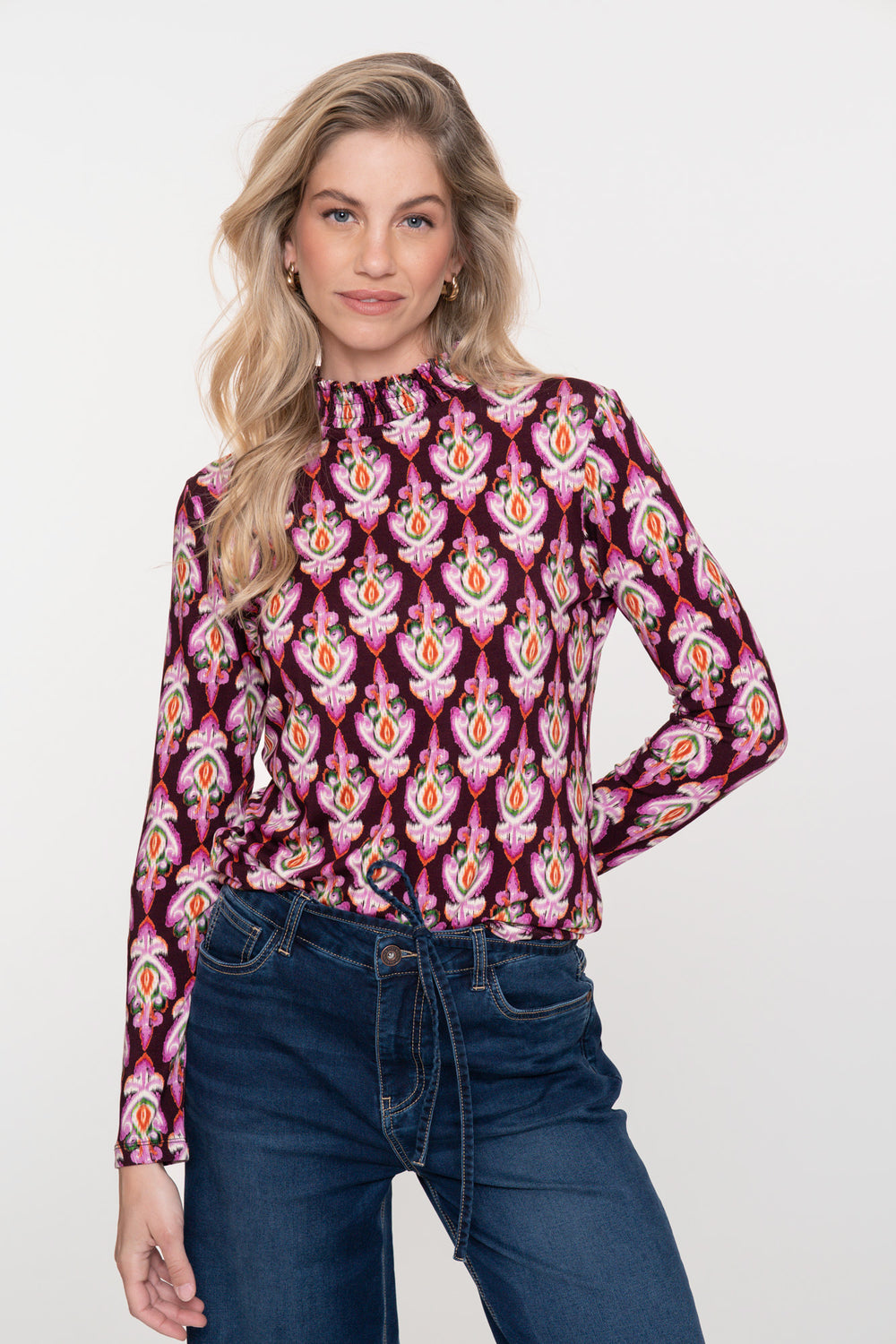 Geisha dames top met smock en Ikat print