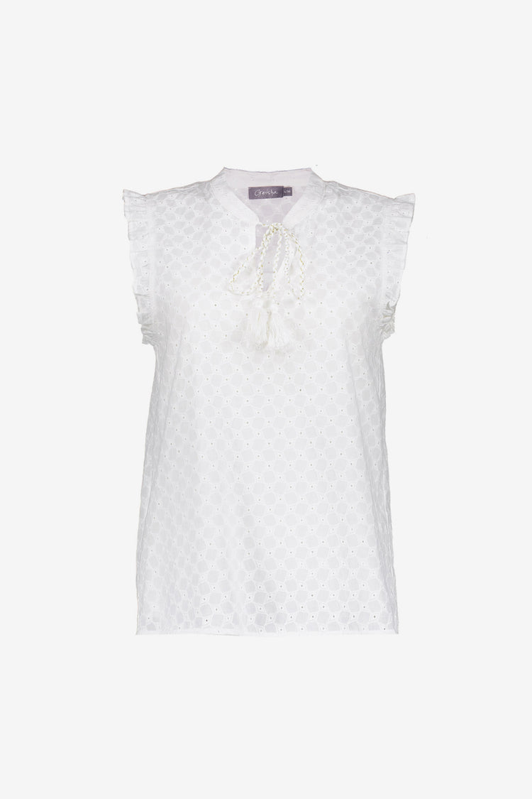 Geisha dames broderie top met sierlijke kwastjes en ruffles