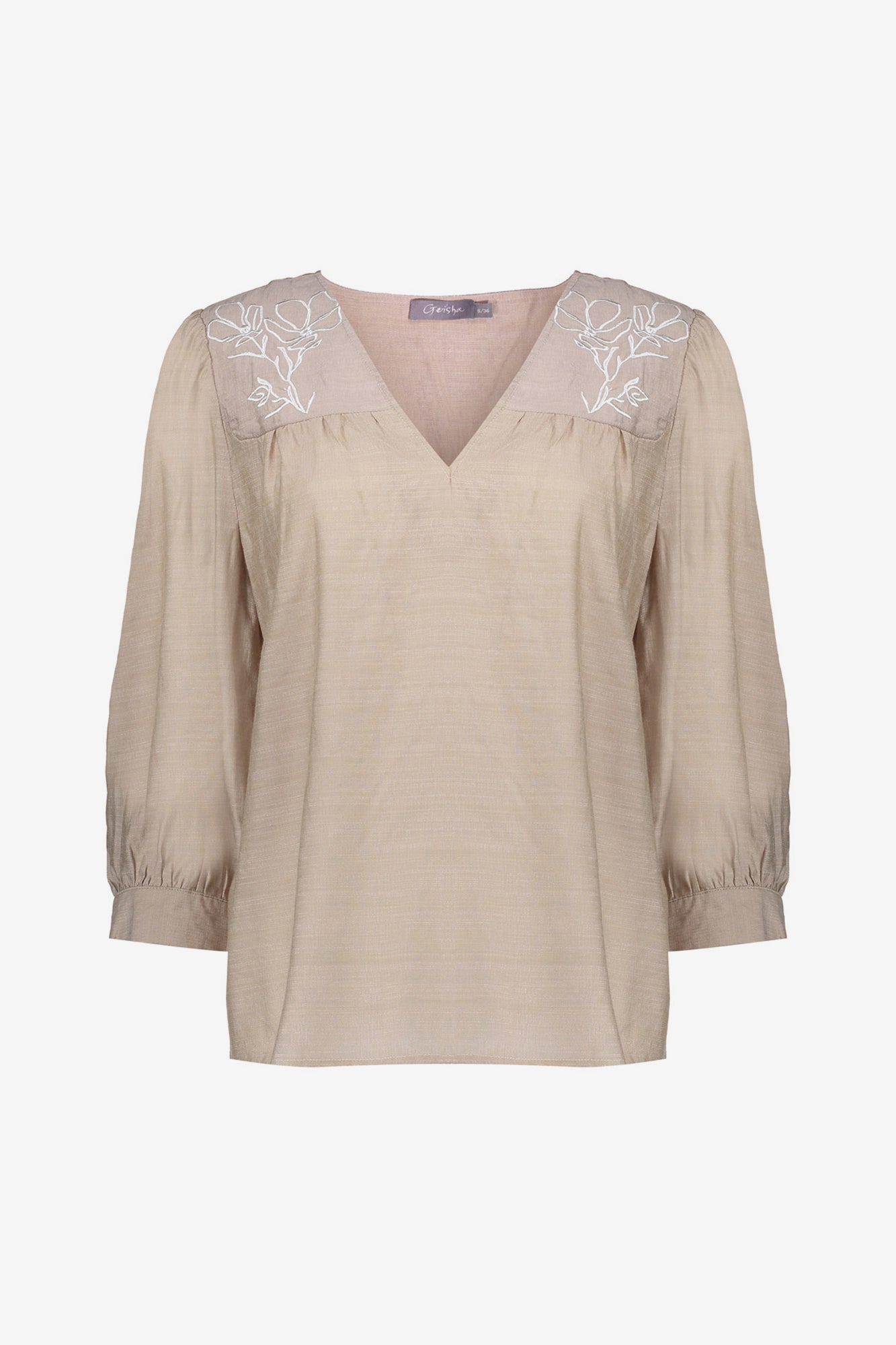 Geisha Fashion dames top met 7/8 mouwen en geborduurde bloemen
