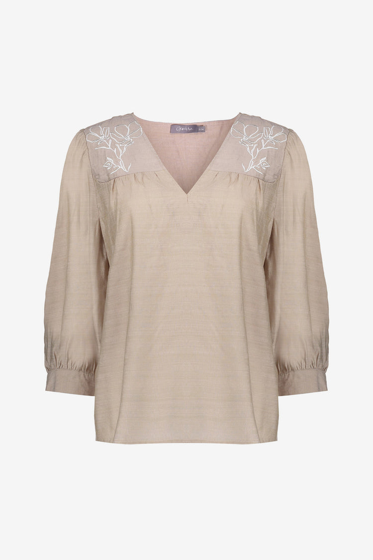 Geisha Fashion dames top met 7/8 mouwen en geborduurde bloemen