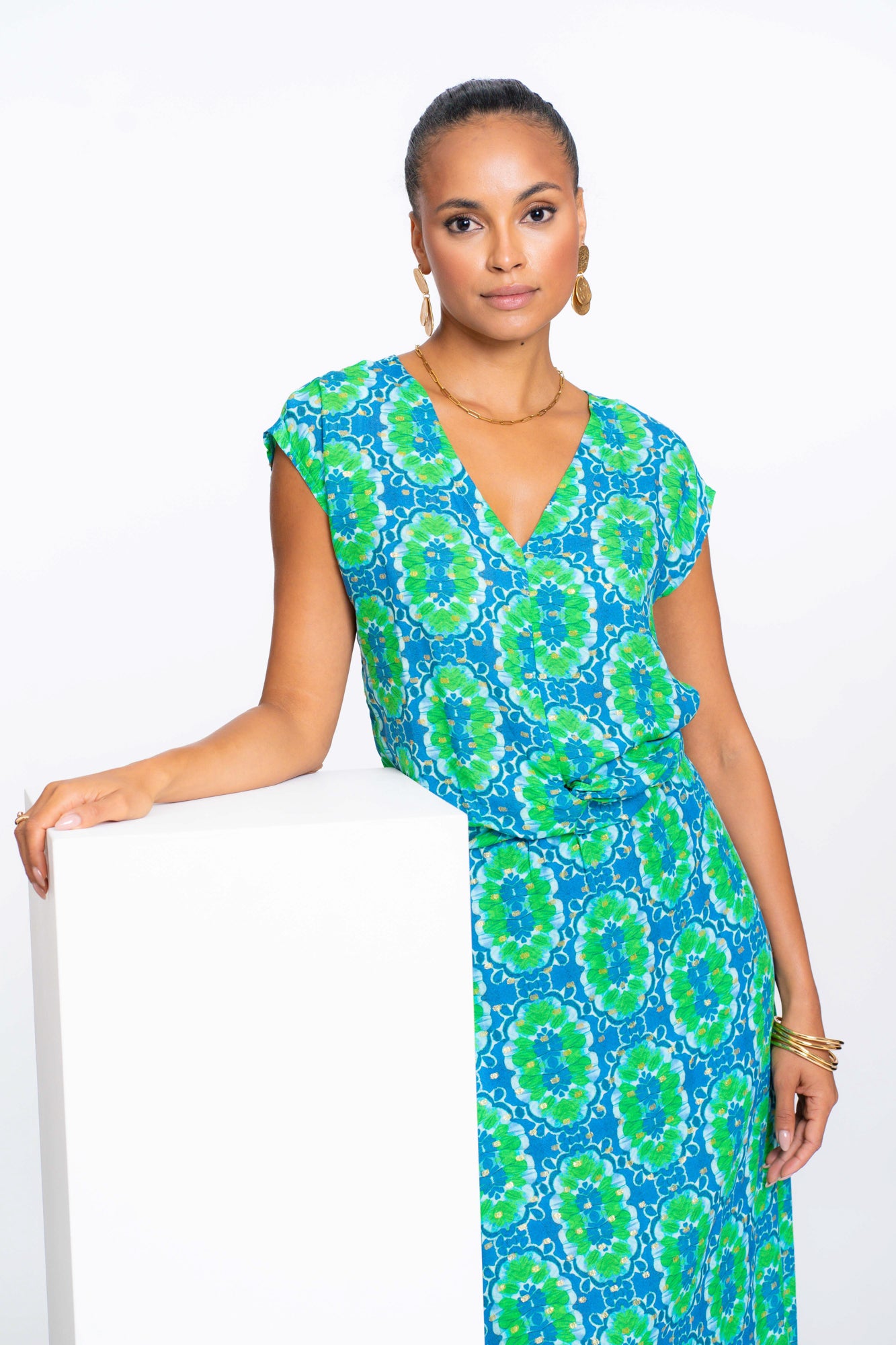 Geisha Fashion dames V-hals top met tegelprint