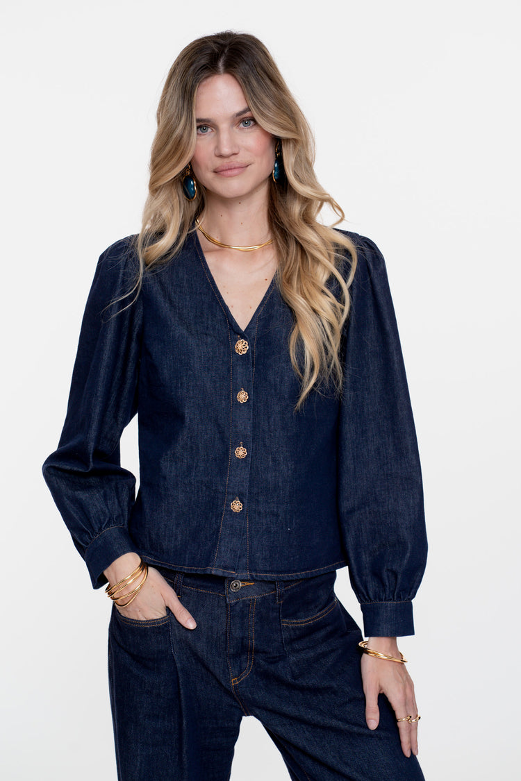 Geisha dames denim blouse met gouden knopen