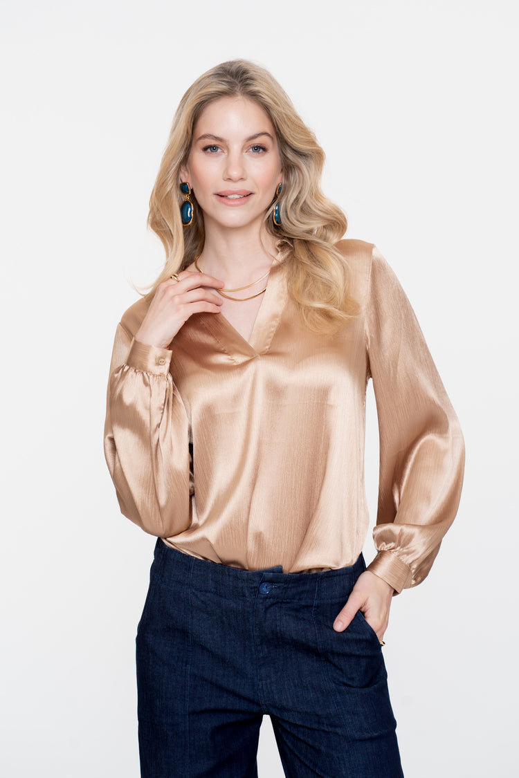 Geisha dames satin look blouse met V-hals