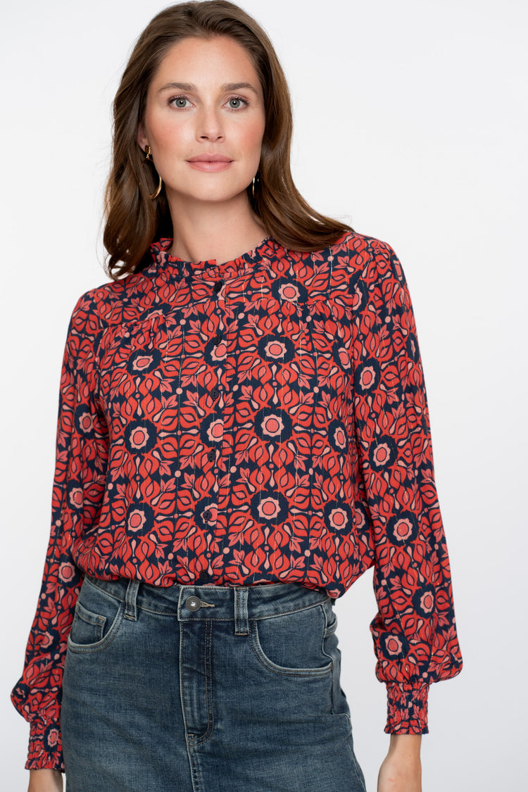 Geisha dames blouse V-hals en ruffle kraag