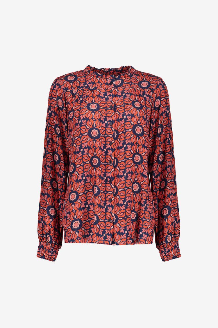Geisha dames blouse V-hals en ruffle kraag