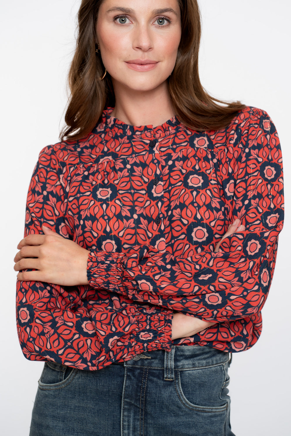 Geisha dames blouse V-hals en ruffle kraag