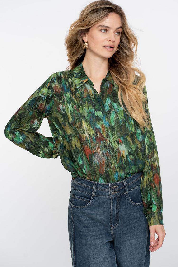 Geisha dames blouse met groen getinte print