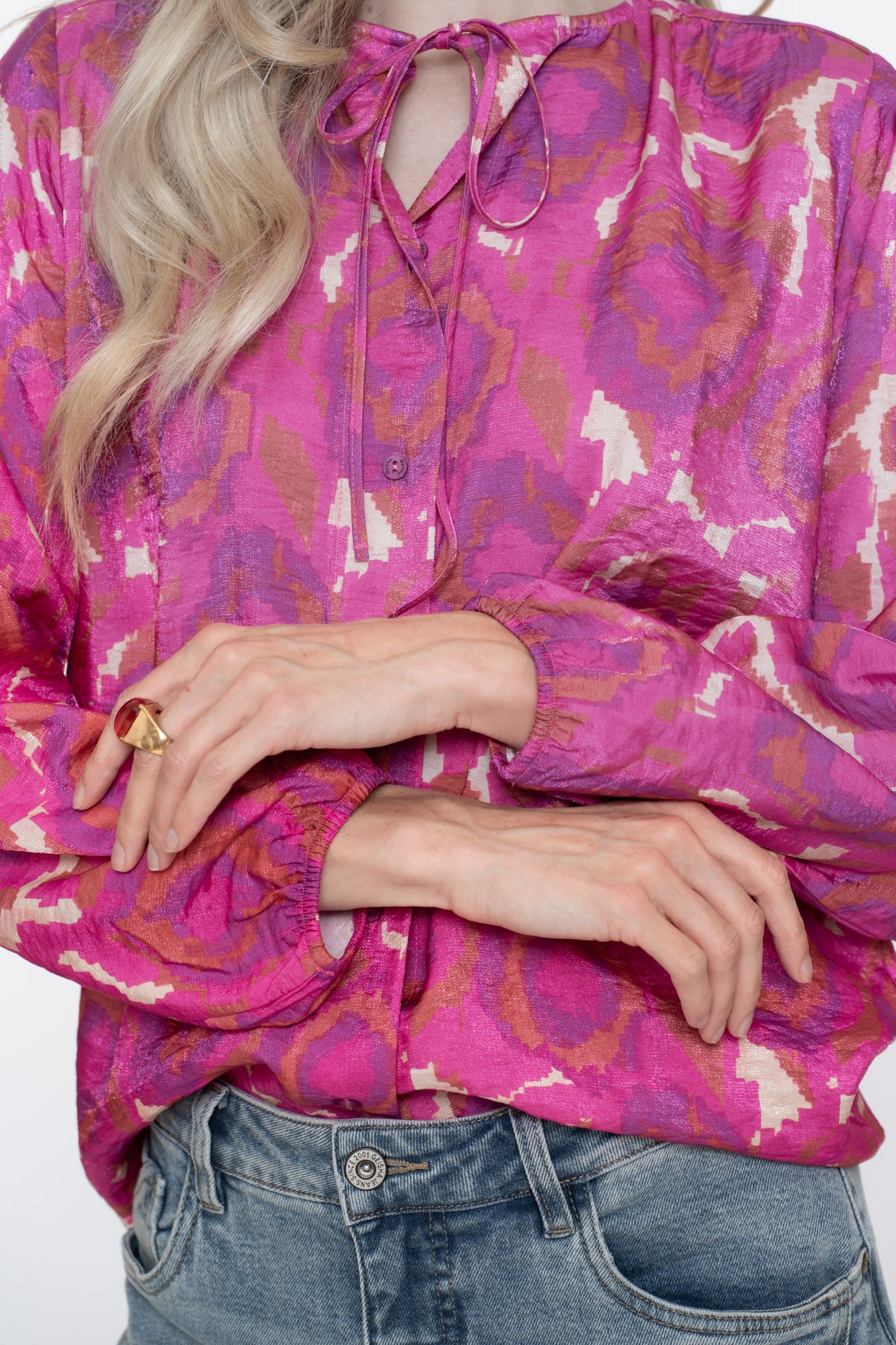 Geisha dames blouse met print en sierkoordje