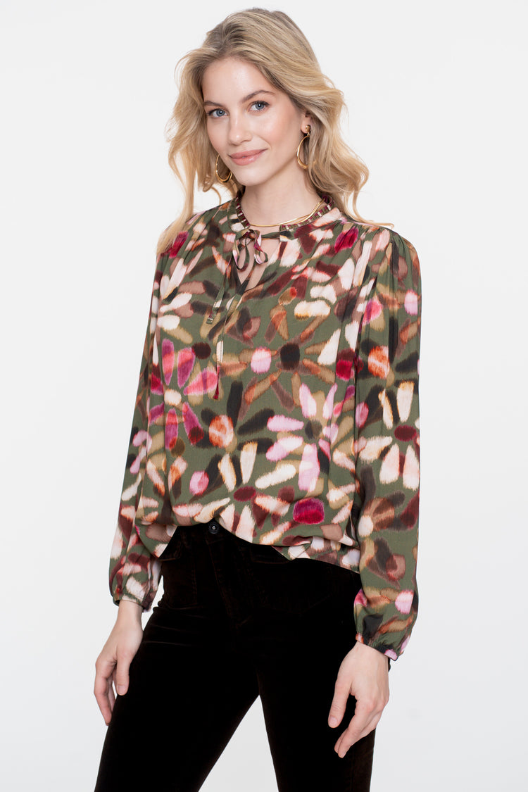 Geisha dames top met sierkoord en ecolineprint