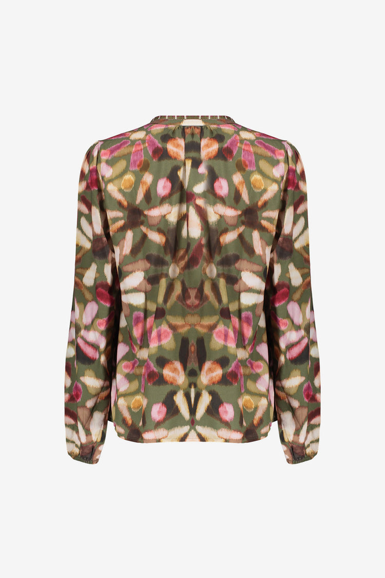 Geisha dames top met sierkoord en ecolineprint