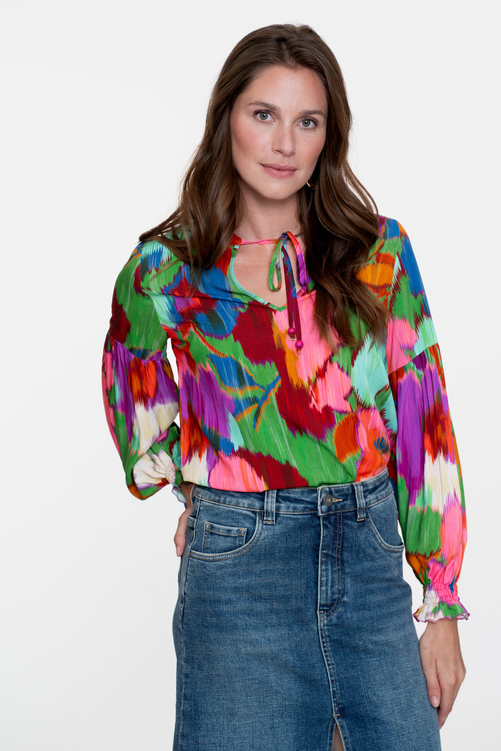Geisha dames top met ecoline print en sierkoordje
