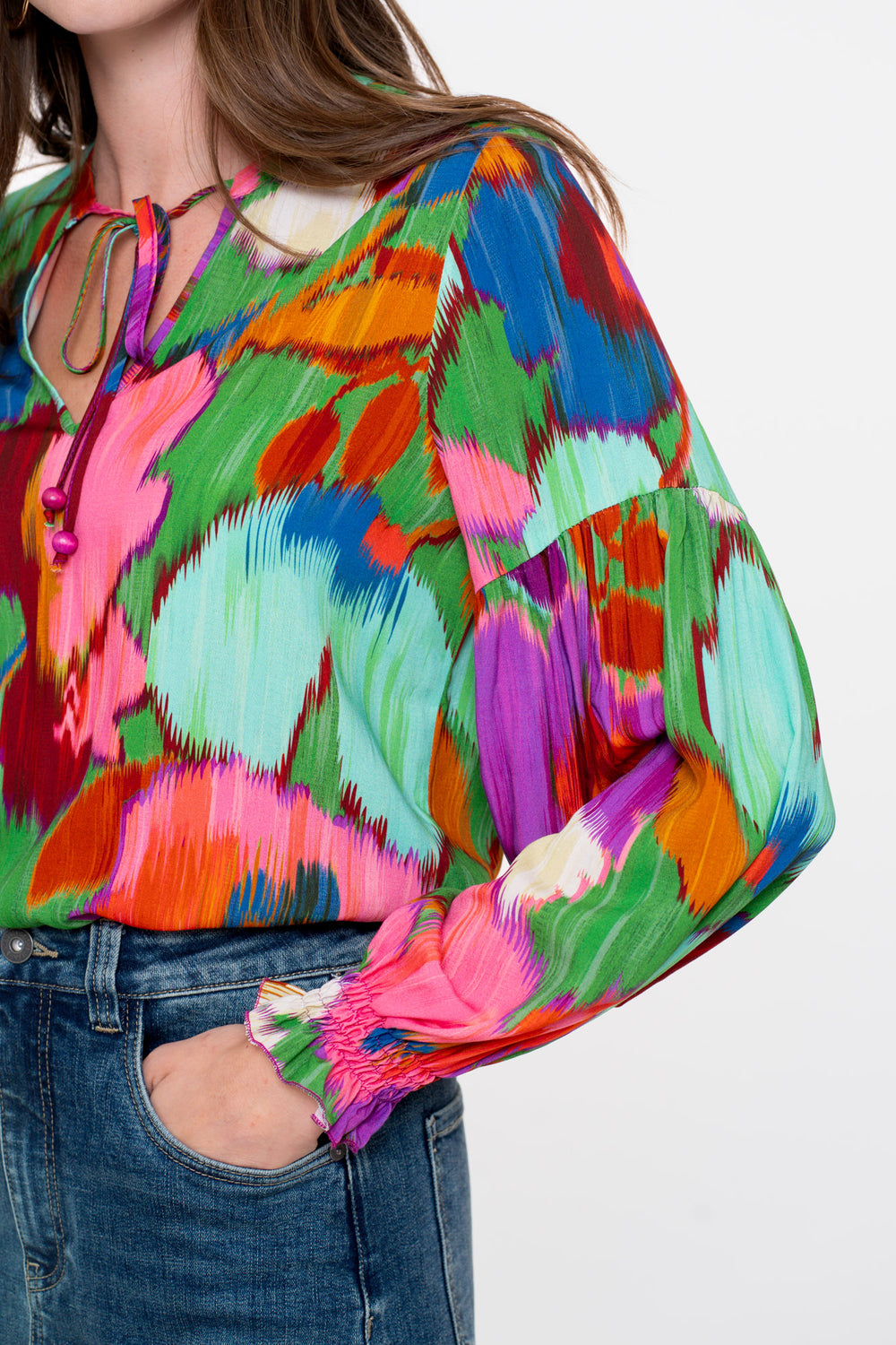 Geisha dames top met ecoline print en sierkoordje