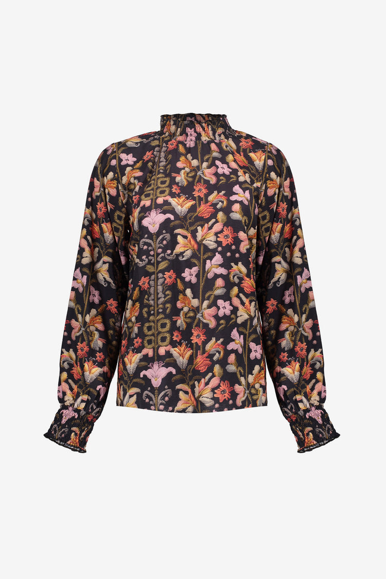 Geisha dames top met sierlijke print en smock details