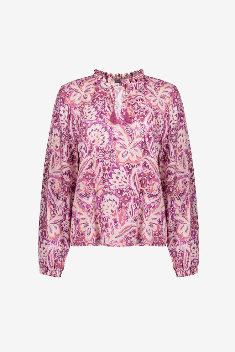 Geisha dames blouse met Paisley bloemmotief en ruches