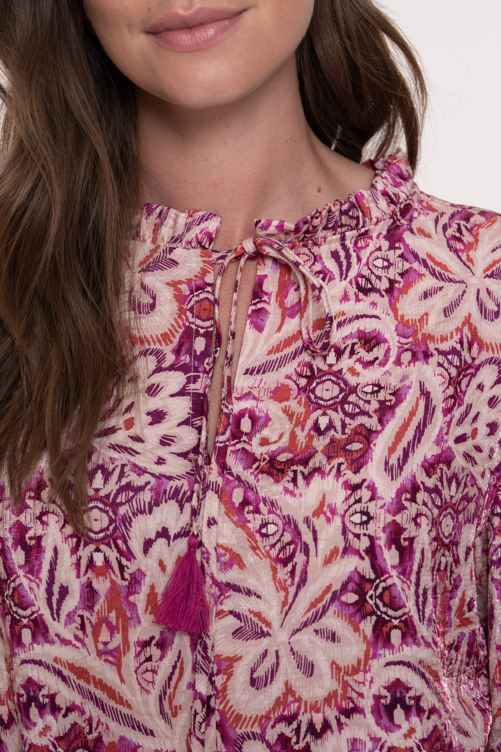 Geisha dames blouse met Paisley bloemmotief en ruches