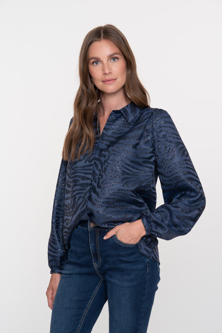 Geisha dames donkerblauwe blouse met glanzende zebra print