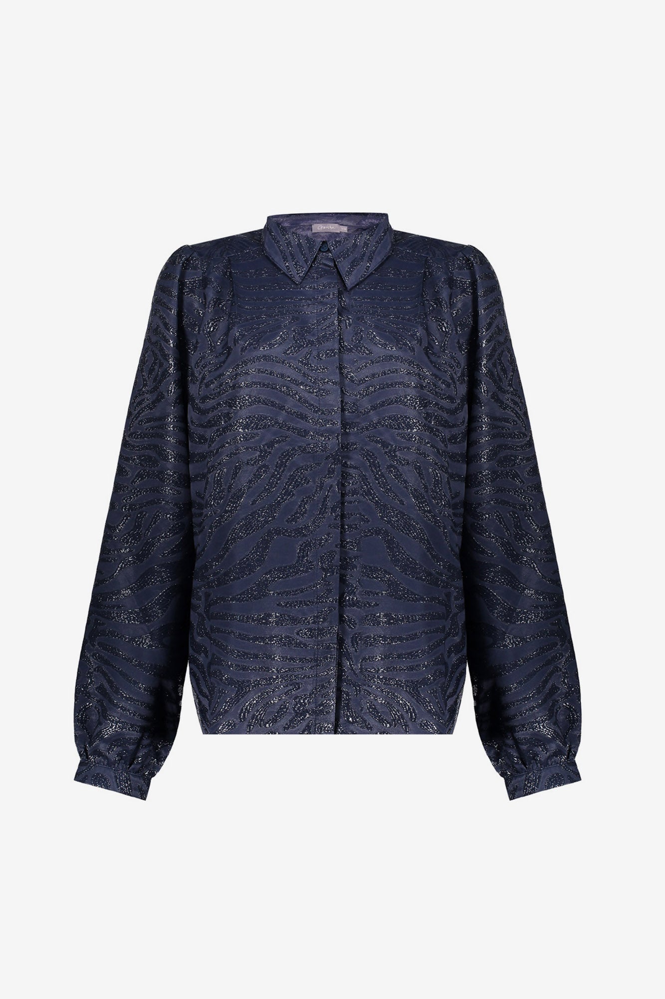 Geisha dames donkerblauwe blouse met glanzende zebra print