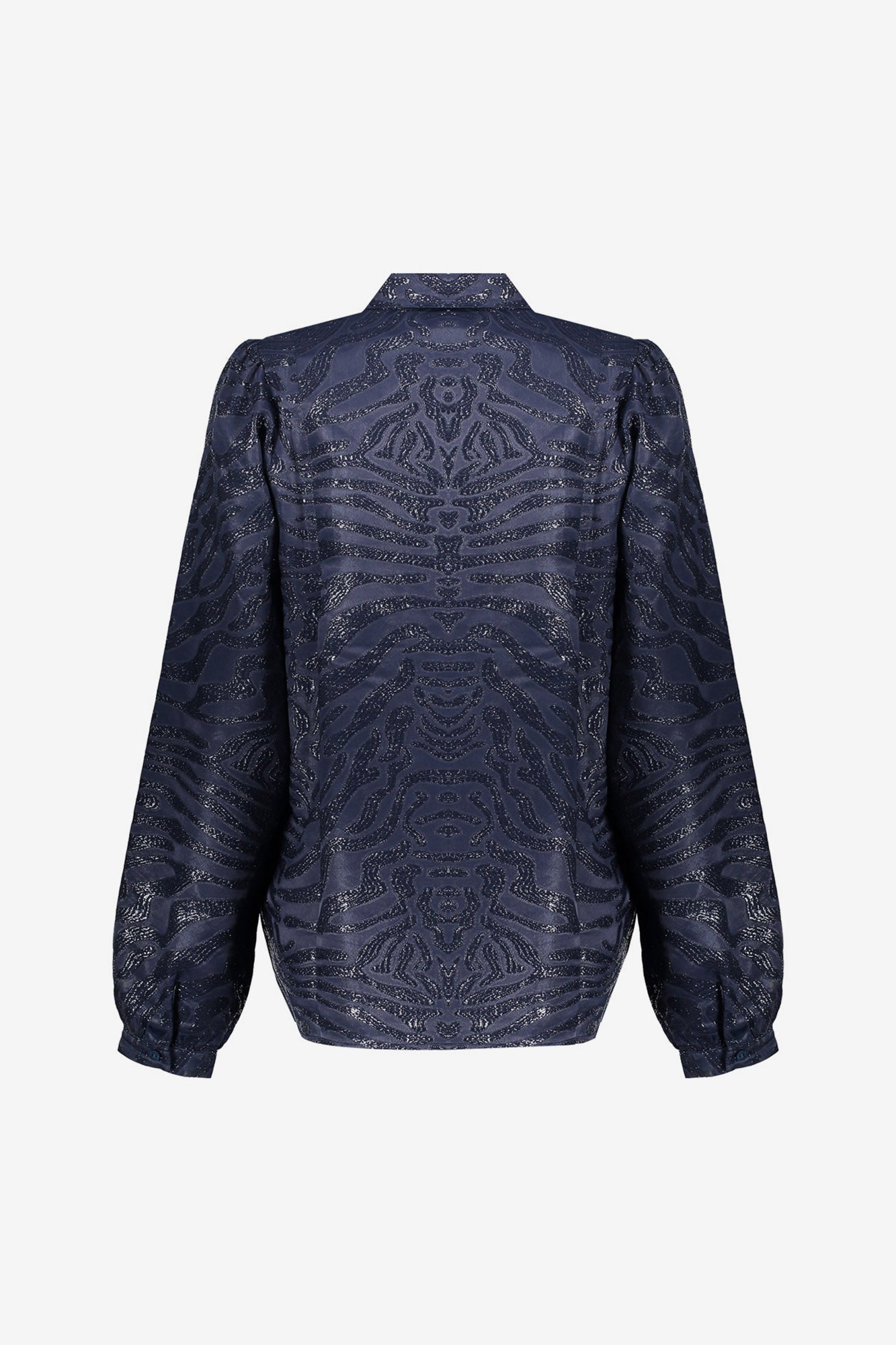 Geisha dames donkerblauwe blouse met glanzende zebra print
