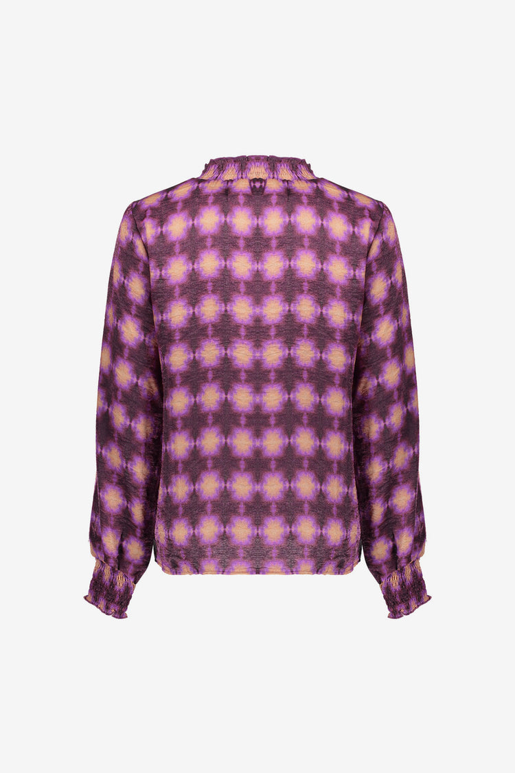 Geisha dames paarse top met grafische all-over print en hoge smockkraag