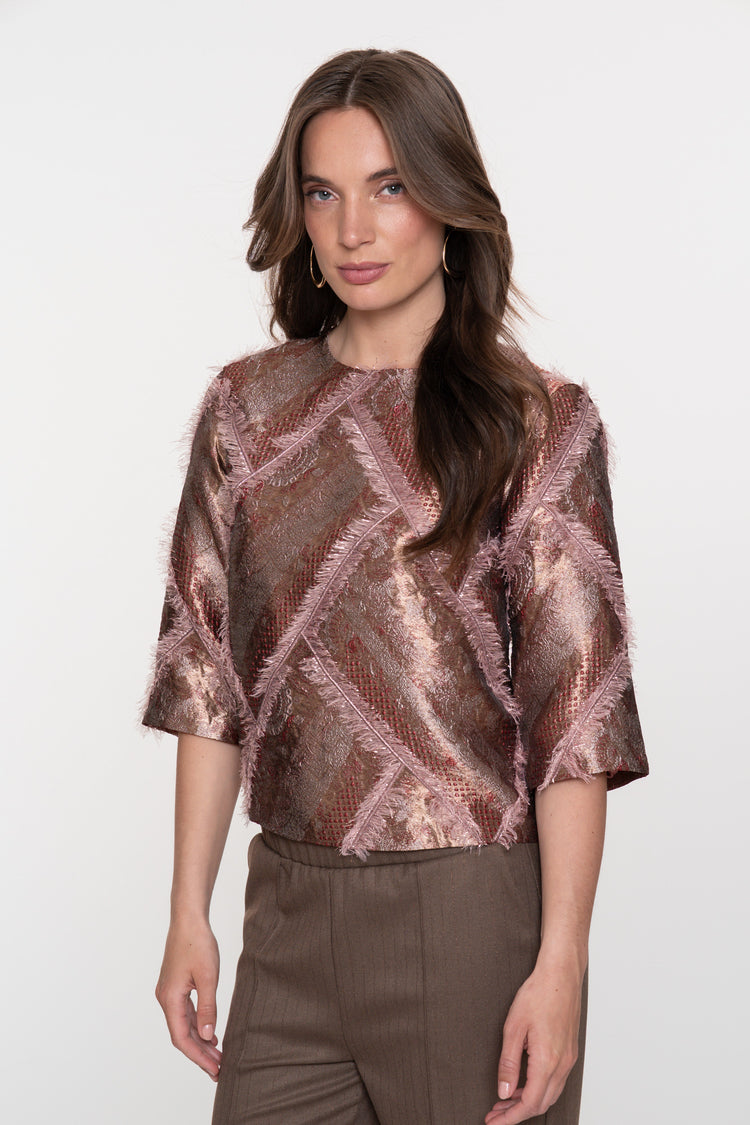 Geisha dames top met metallic en fluffy garen