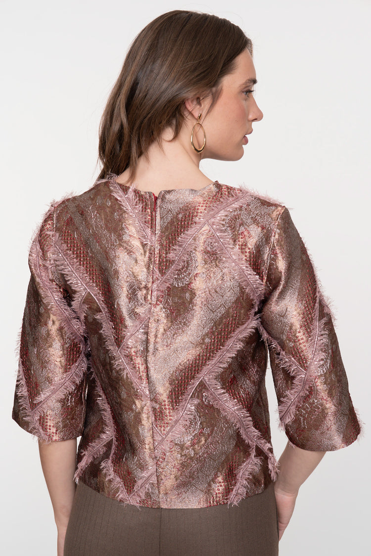 Geisha dames top met metallic en fluffy garen