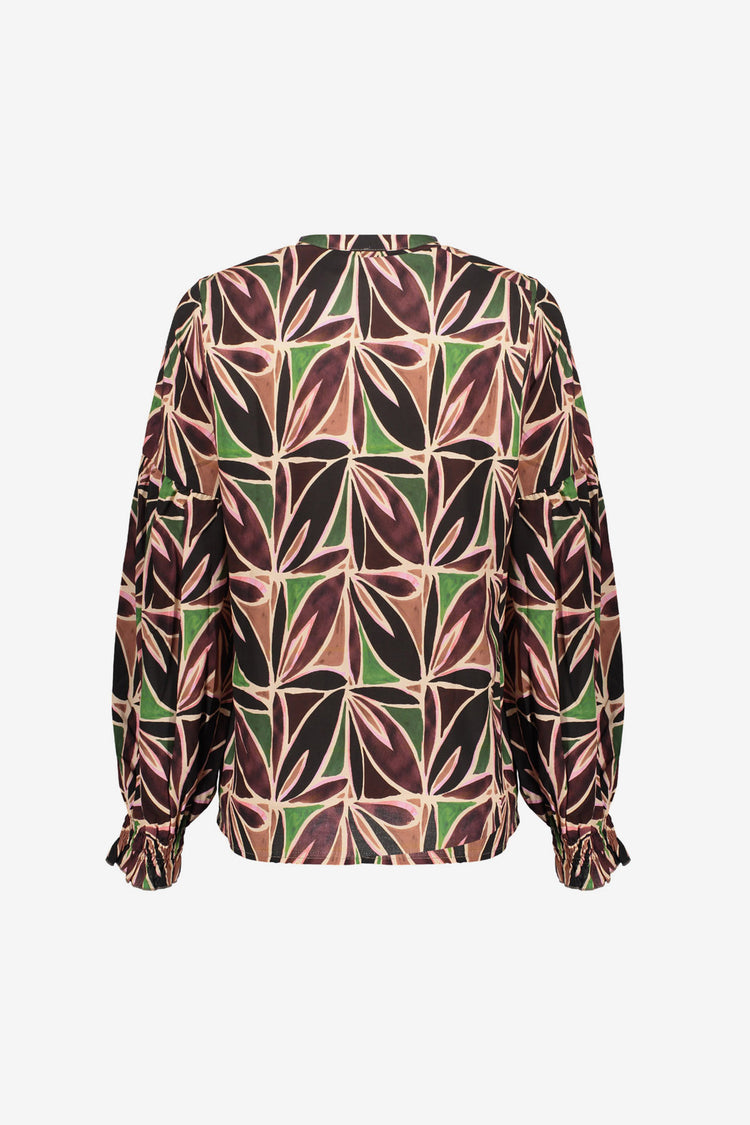 Geisha dames top met abstracte bladprint en V-hals