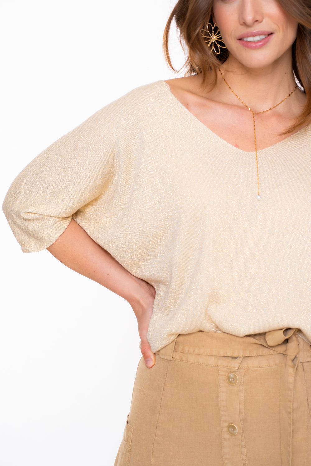 Geisha dames V-hals pullover met 3/4 mouwen en lurex
