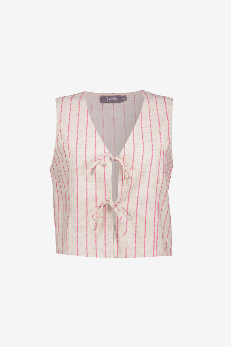 Geisha dames gilet met streep dessin en strikdetail